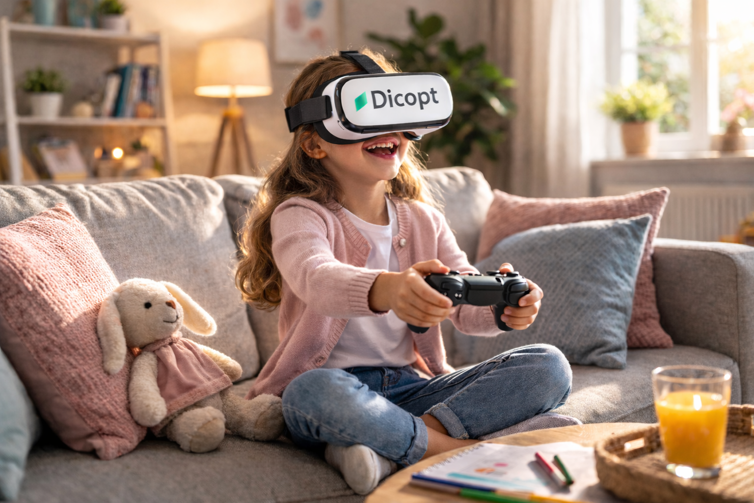 Niño usando Dicopt Home en casa para realizar terapia visual con realidad virtual