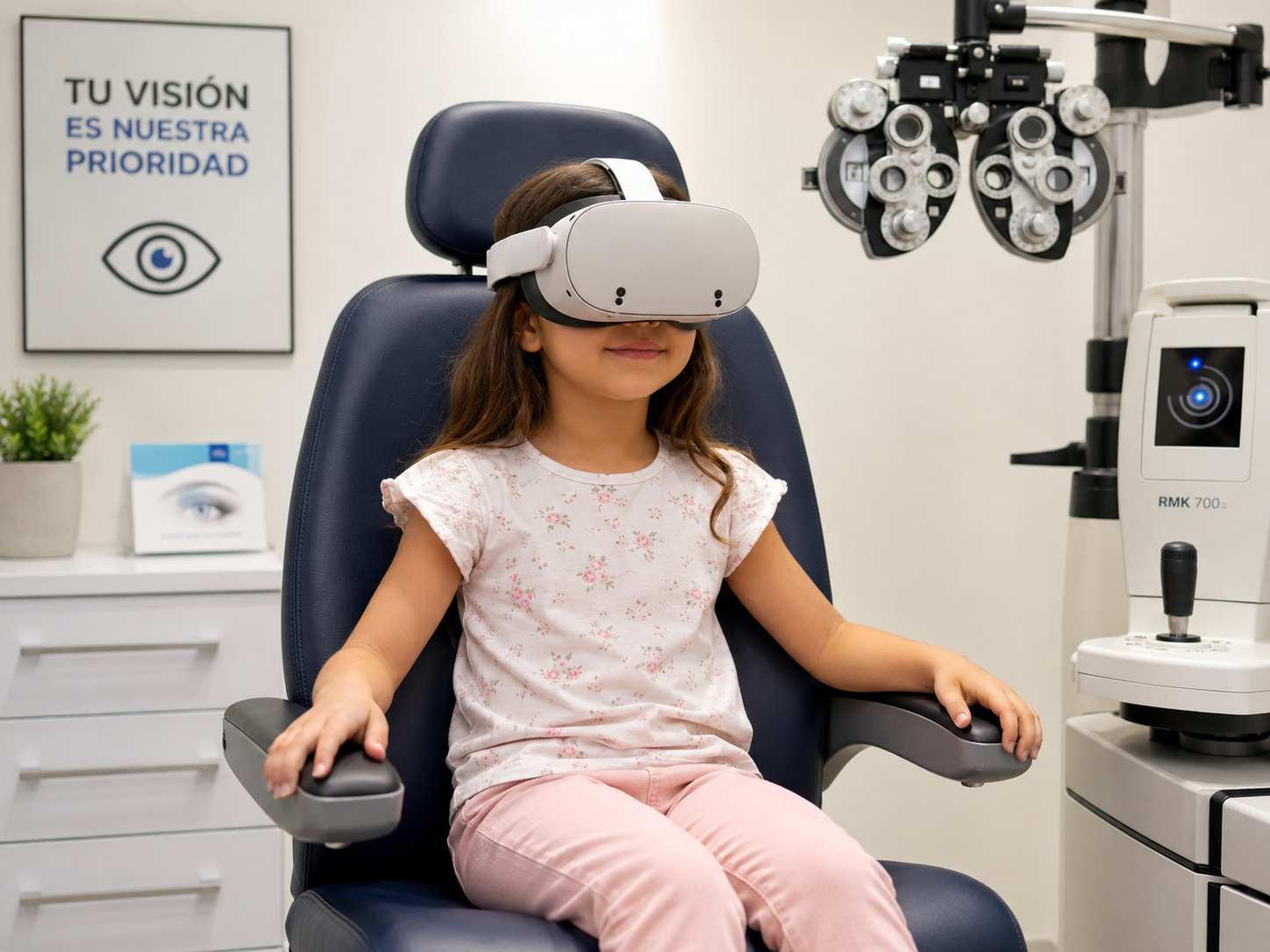 Especialista realizando evaluación de visión binocular con visor de realidad virtual en gabinete