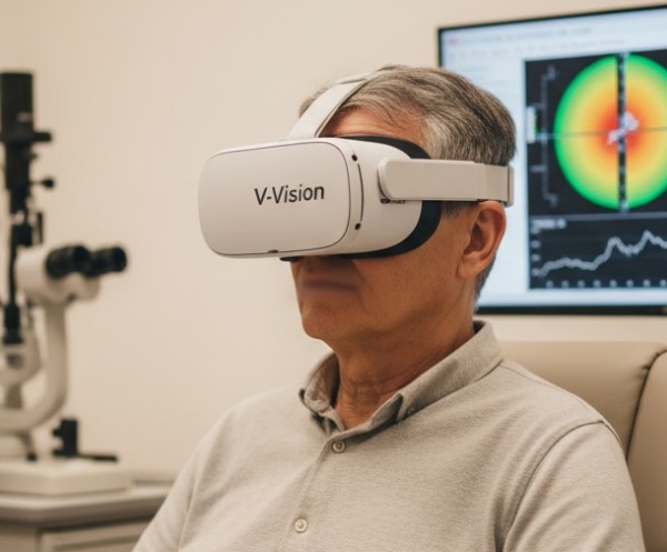Profesional usando una solución VR de V-Vision en un entorno clínico